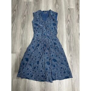 Kew Blue Silk Cotton‎ Blend Sunburst Print Surplice Midi Dress Womens 8